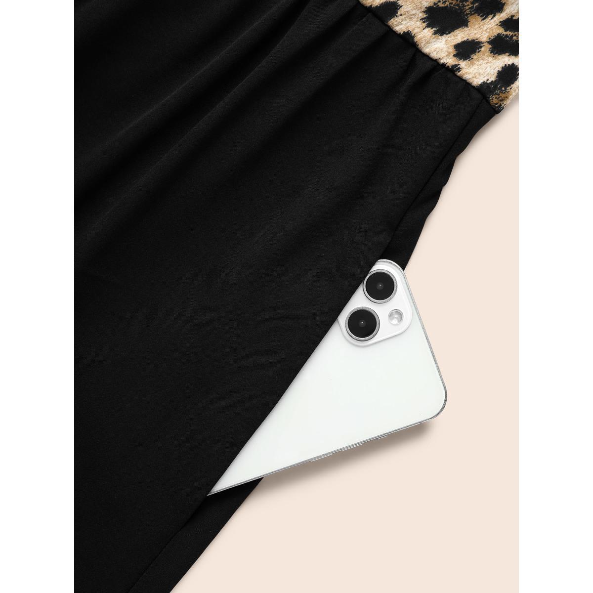 Plus Size Notched Collar Leopard Print Patchwork Dress Black Women Elegant Tie knot Notched collar Elbow-length sleeve Curvy BloomChic 12/L Product Image