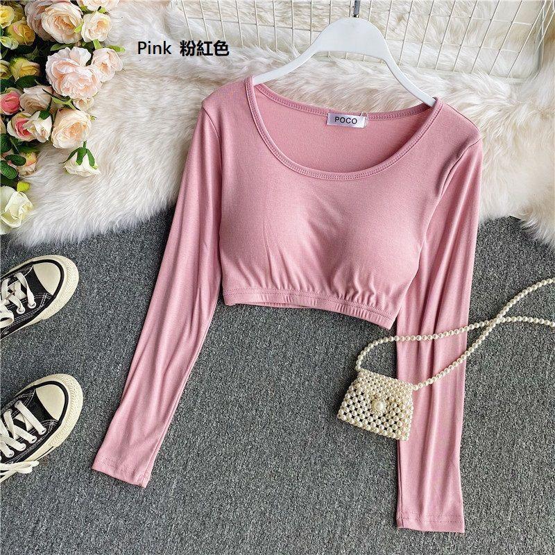 Plain U-Neck Padded Long-Sleeve Cropped Top Product Image