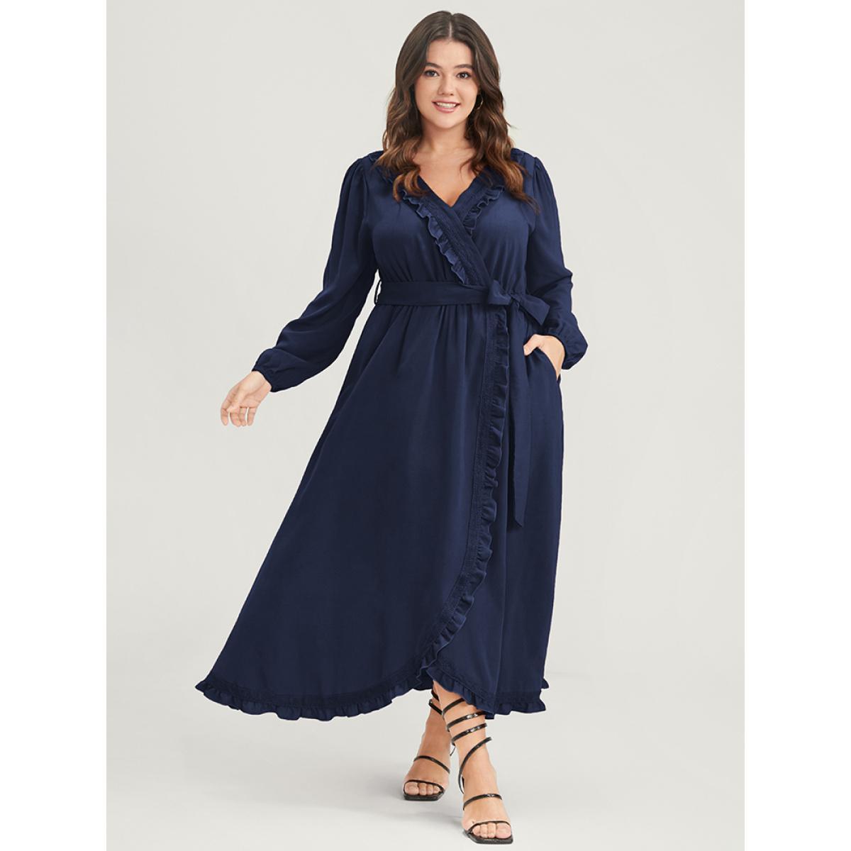 Plus Size Solid Lantern Sleeve Pocket Frill Trim Wrap Belted Dress DarkBlue Women Elegant Plain V-neck Long Sleeve Curvy Long Dress BloomChic 26/4X Product Image
