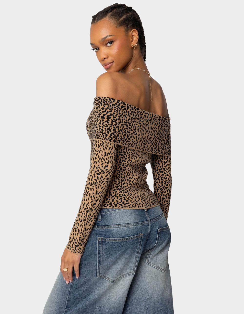 EDIKTED Leopard Printed Fold Over Knit Top Product Image