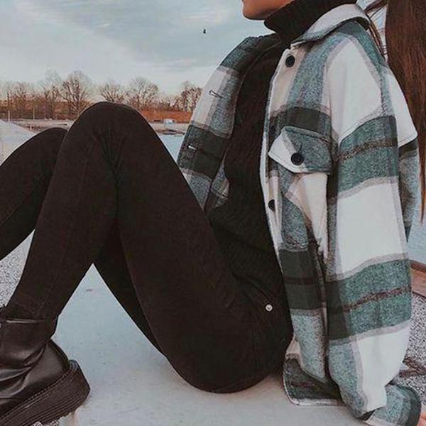 Shacket Vintage Pockets Over-sized Plaid Jacket Product Image