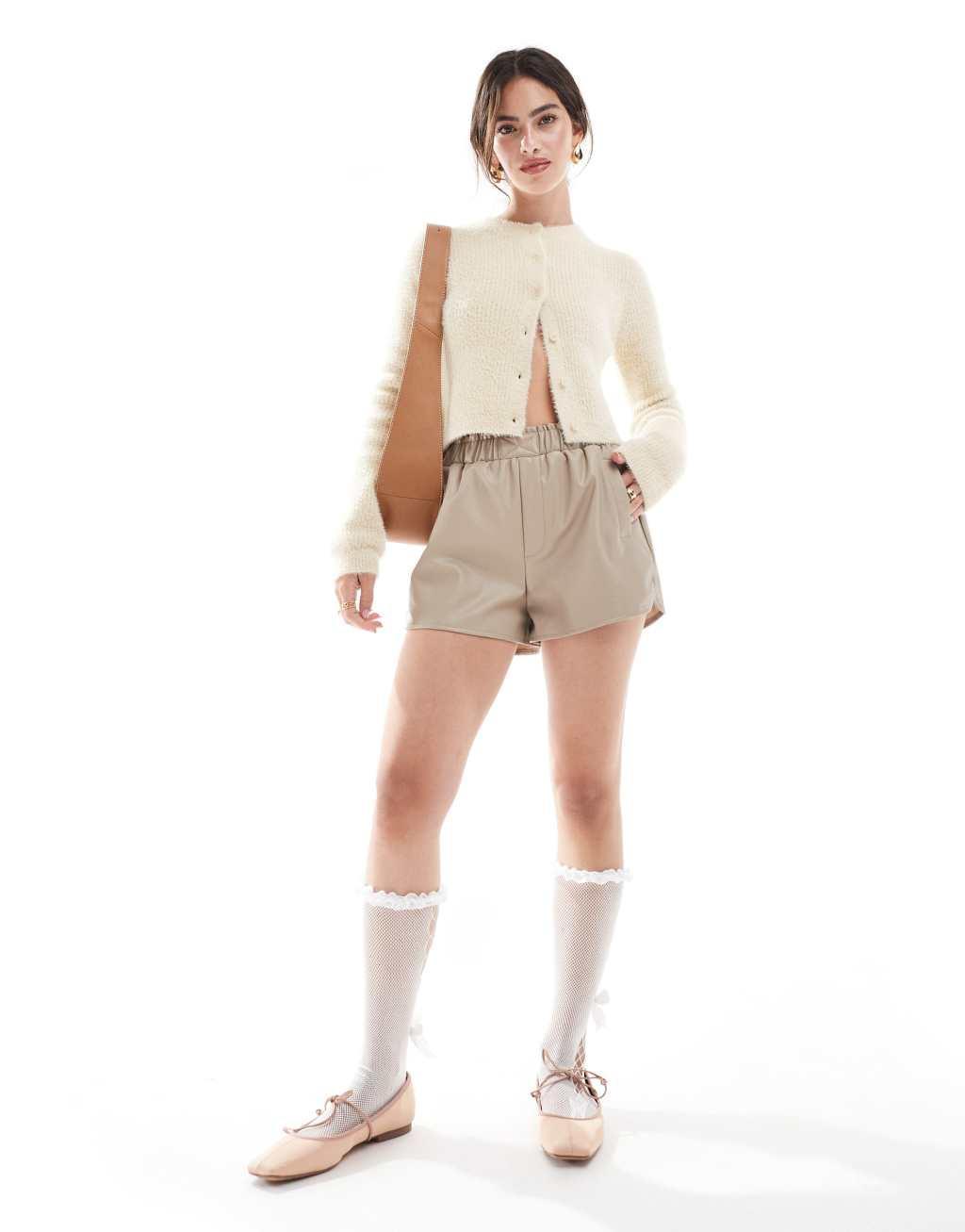 ASOS DESIGN faux leather boxer shorts in tan Product Image