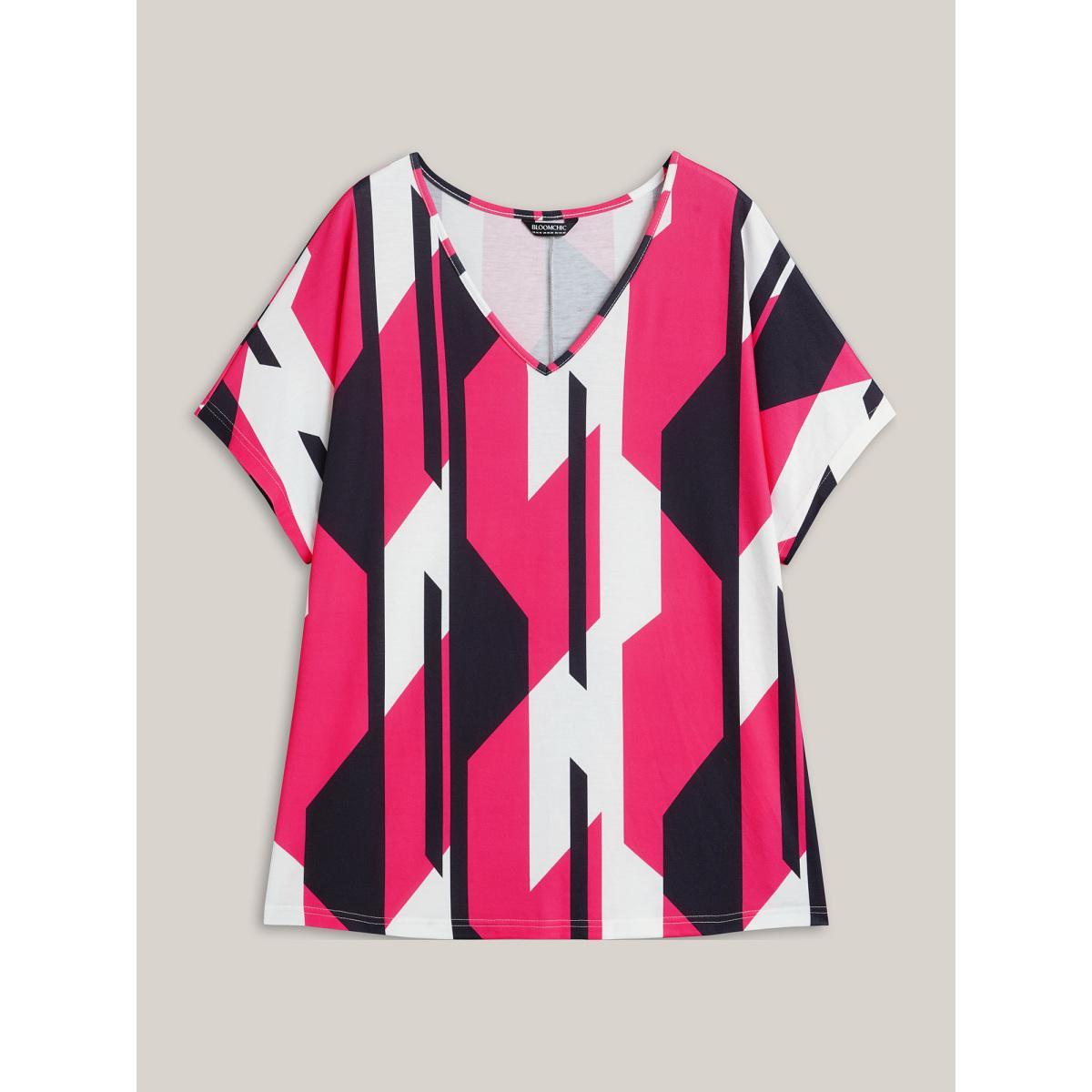 Plus Size Abstract Print V-Neck T-Shirt Multicolor Women Casual Contrast V-neck Everyday T-shirts BloomChic 14-16/1X Product Image