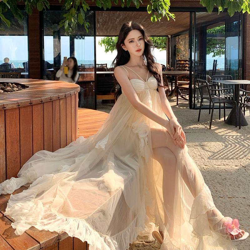Spaghetti Strap Two-Tone Ruffled Maxi Sundress Product Image