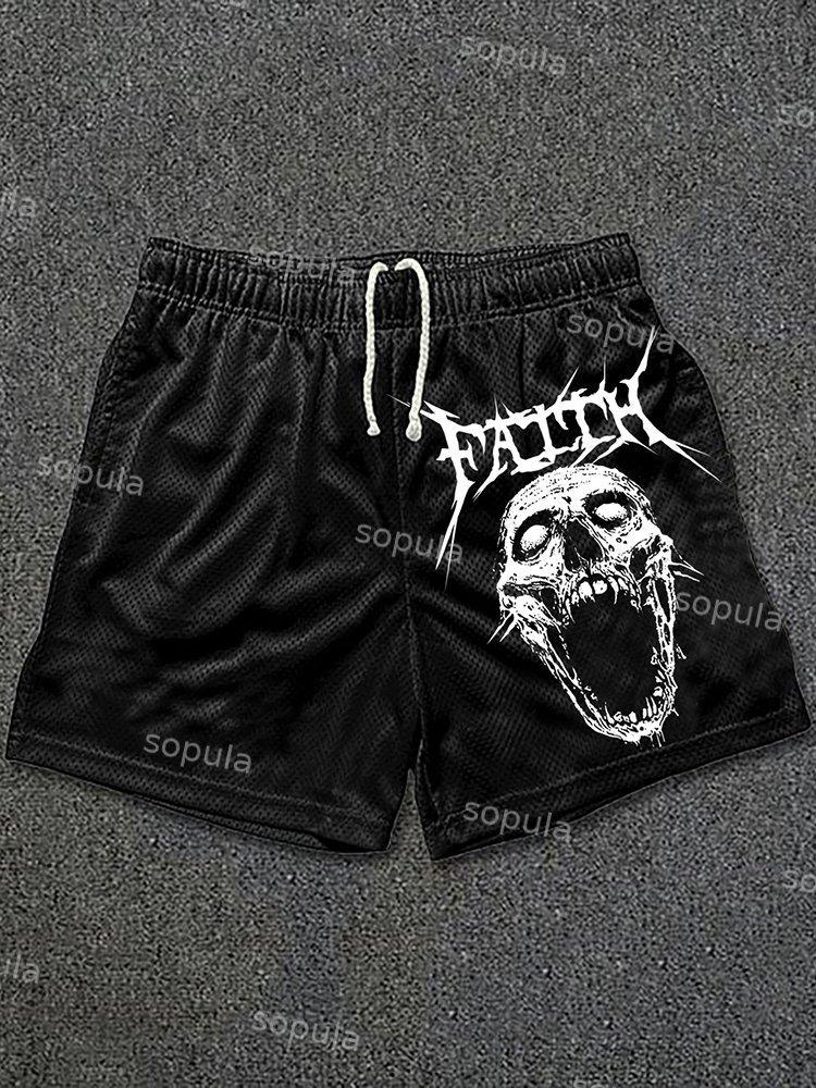 Faith Horror Skull Print Drawstring Mesh Casual Gym Shorts Product Image
