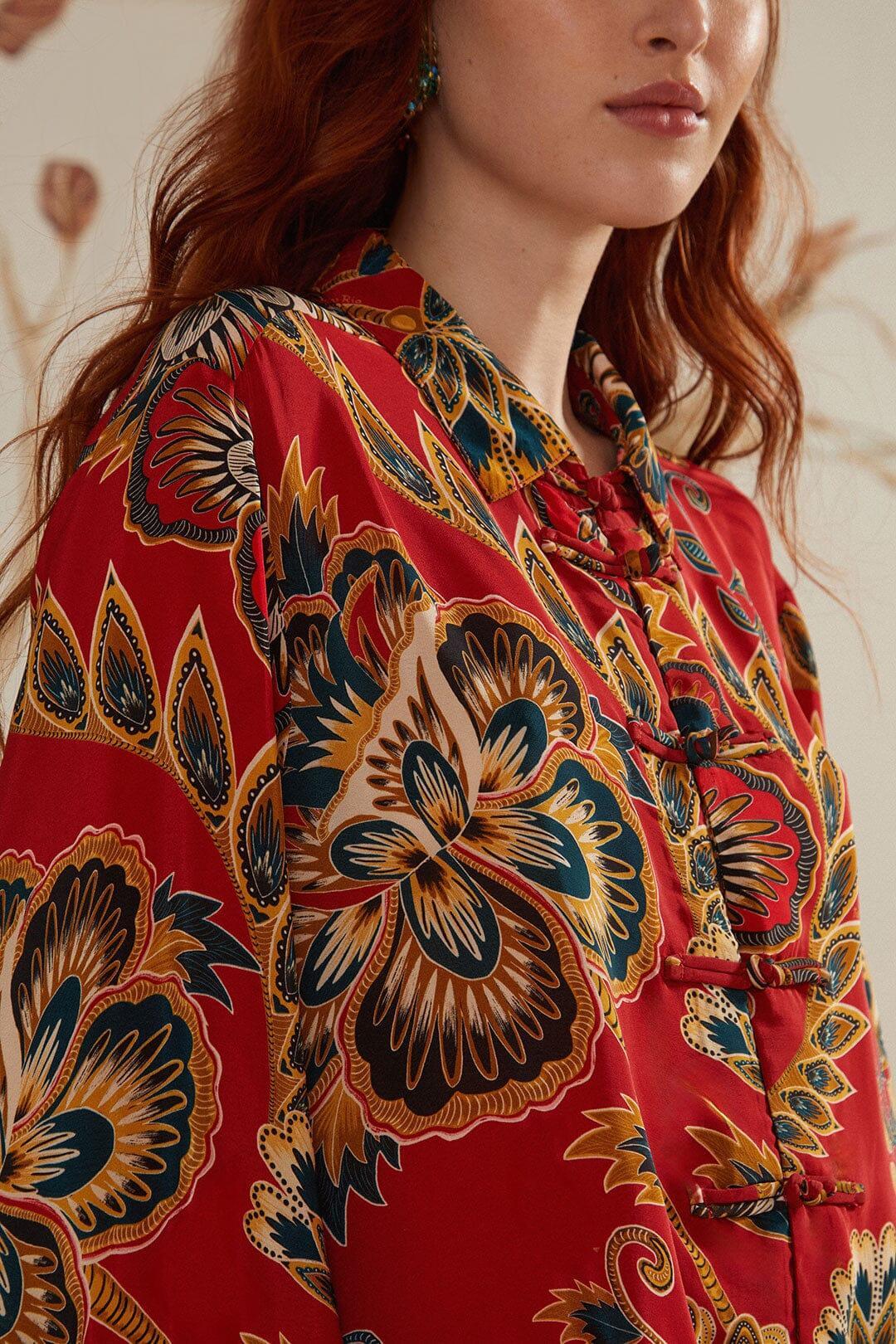 Red Maxi Floral Pajama Shirt, MAXI FLORAL RED / XXS Product Image