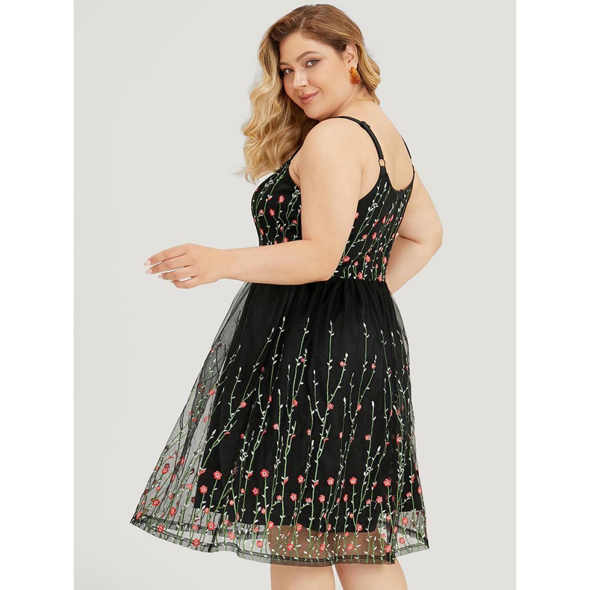 Plus Size Floral Embroidered Mesh Ruffle Hem Pocket Cami Dress Black Women Glamour Adjustable Straps Spaghetti Strap Sleeveless Curvy Knee Dress BloomChic 10/M Product Image