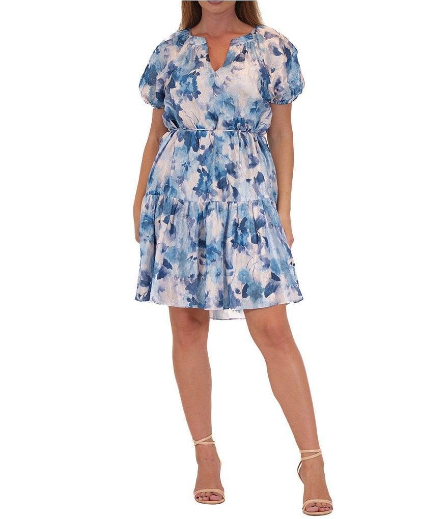 Julia Jordan Short Puff Sleeve Floral Print Crushed Taffeta Trapeze Dress Product Image