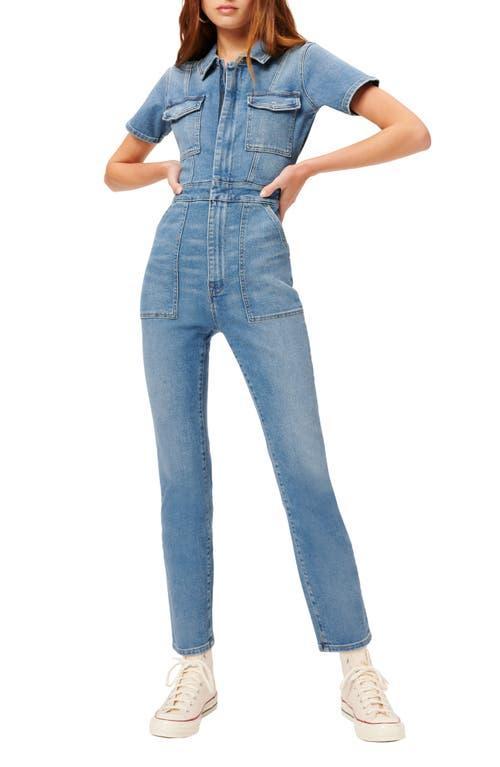 Good American Plus Size Fit For Success Short Sleeve Point Collar Straight Leg Stretch Denim Jumpsuit Product Image