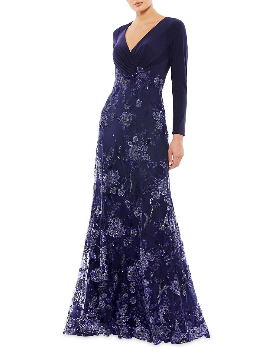 Womens Floral Sequin Long-Sleeve Gown Product Image