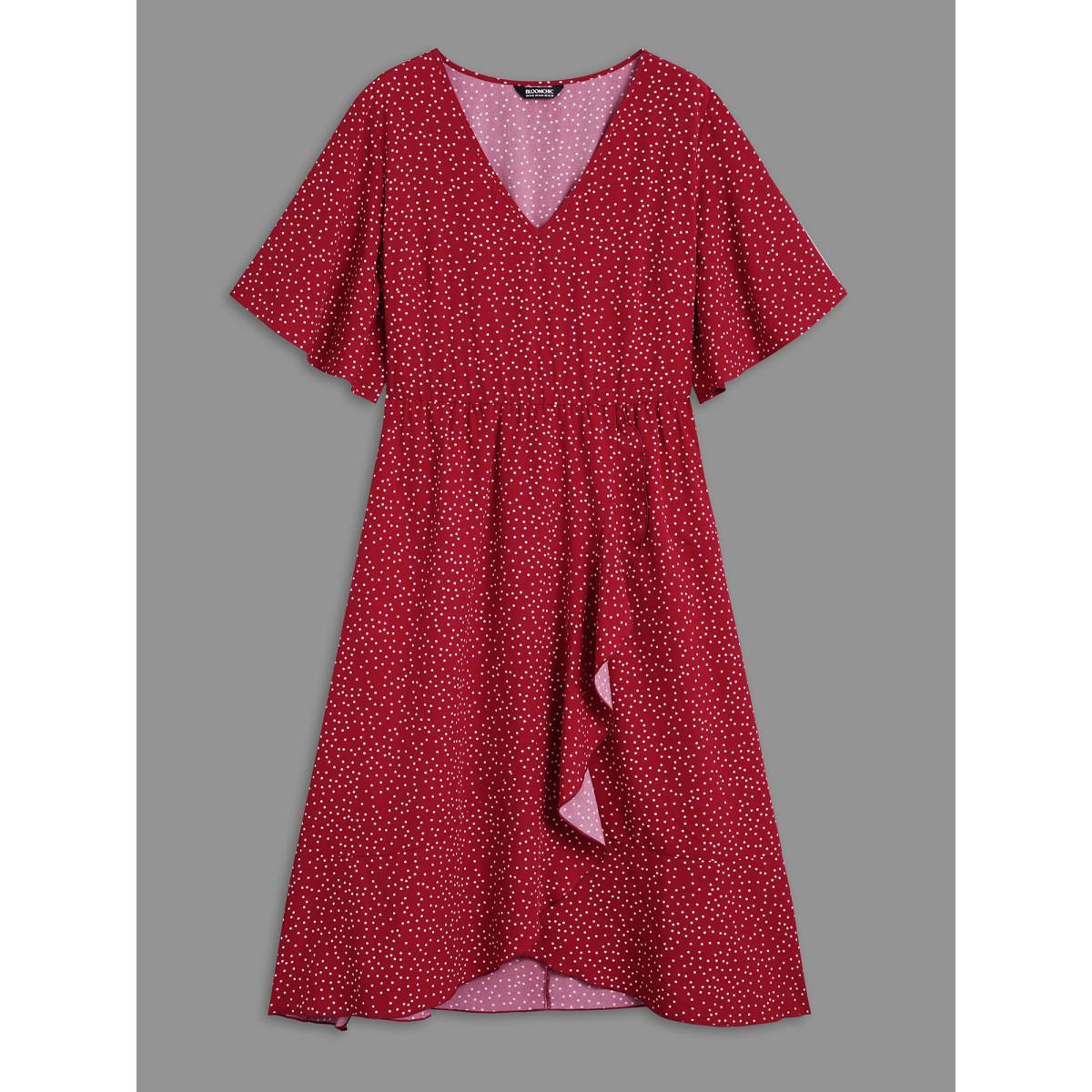 Plus Size V Neck Polka Dot Ruffle Trim Dress Scarlet Women Elegant Overlapping V-neck Half Sleeve Curvy BloomChic 28/5X Product Image