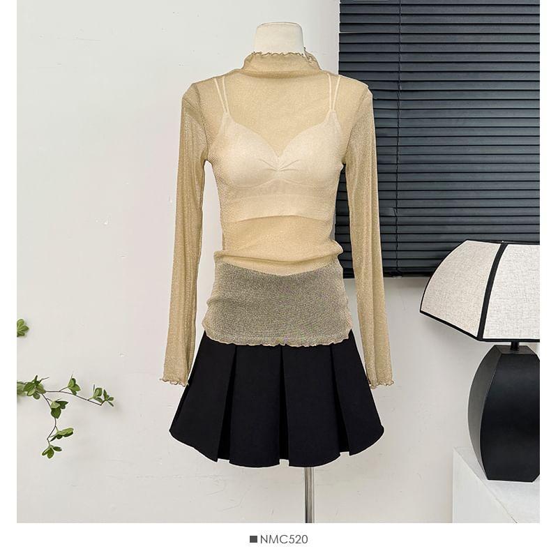 Glitter Mock-Neck Sheer Mesh Top in 9 Colors Product Image