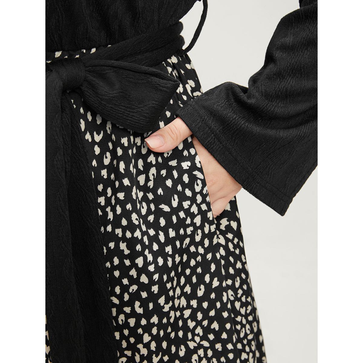 Plus Size Leopard Patchwork V Neck Pocket Belted Textured Dress Black Women Elegant Patchwork V-neck Long Sleeve Curvy Midi Dress BloomChic 14-16/1X Product Image