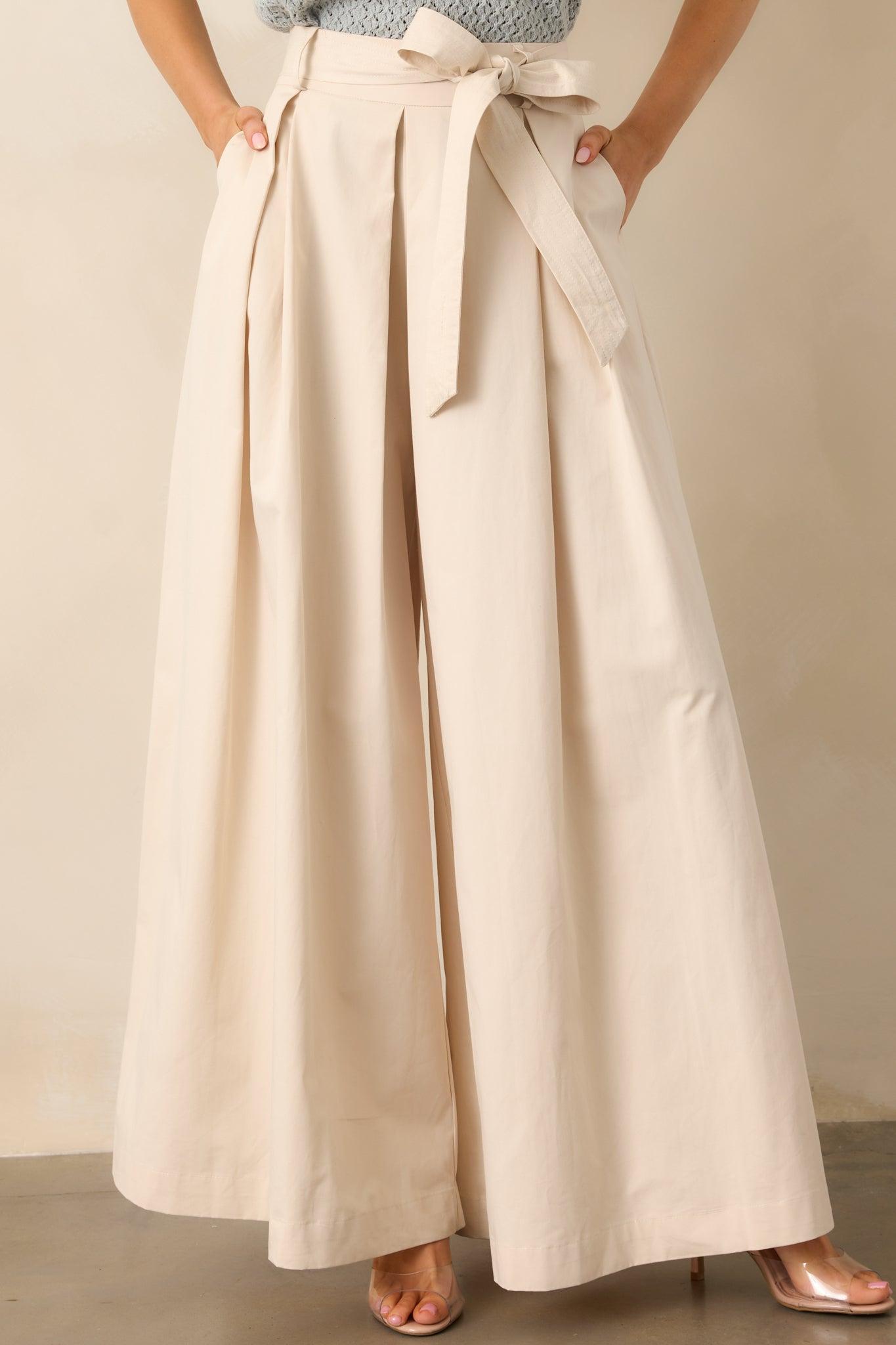 Taking Time Off Ecru Cotton Belted Palazzo Pants Product Image