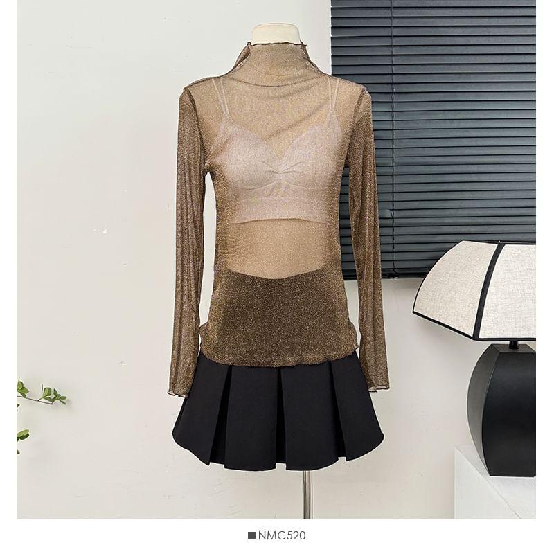 Glitter Mock-Neck Sheer Mesh Top in 9 Colors Product Image