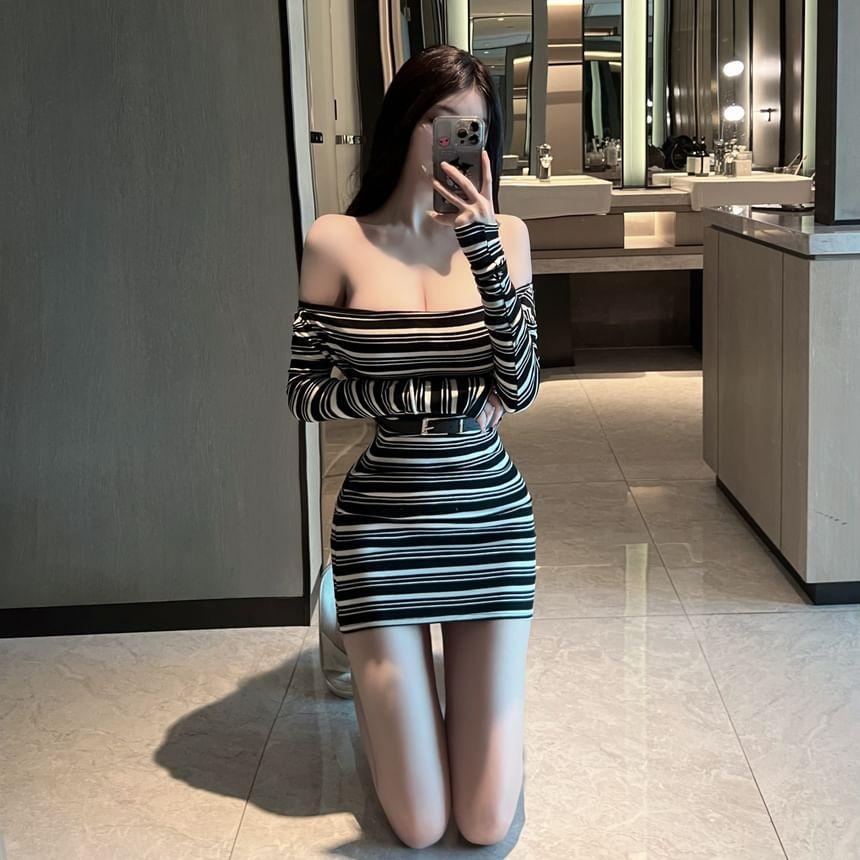 Long Sleeve Off Shoulder Striped Mini Sheath Dress Product Image