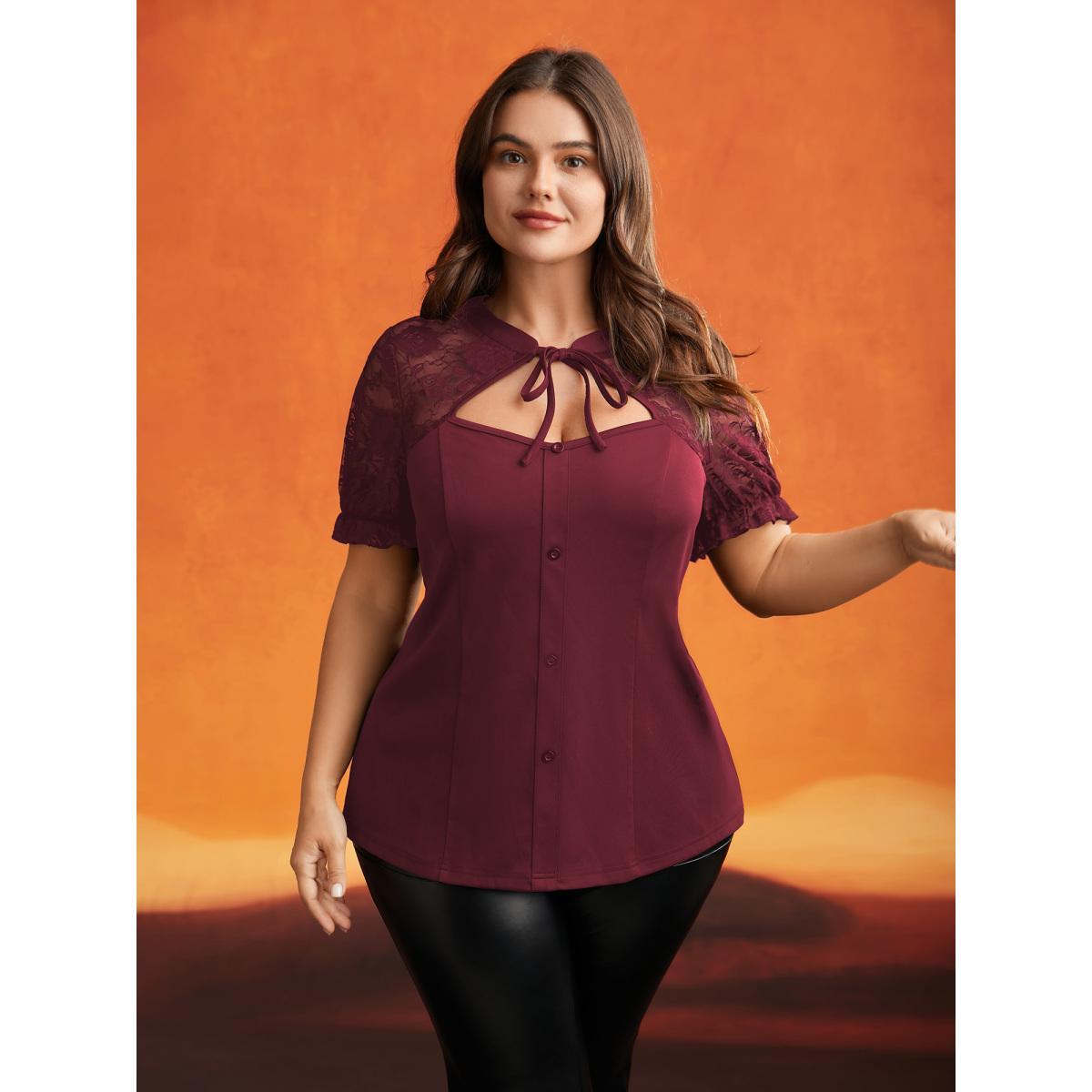 Plus Size Burgundy Lace Tie Cutout Neck Mesh Blouse Women Elegant Short sleeve Round Neck Everyday Blouses BloomChic 26/4X Product Image