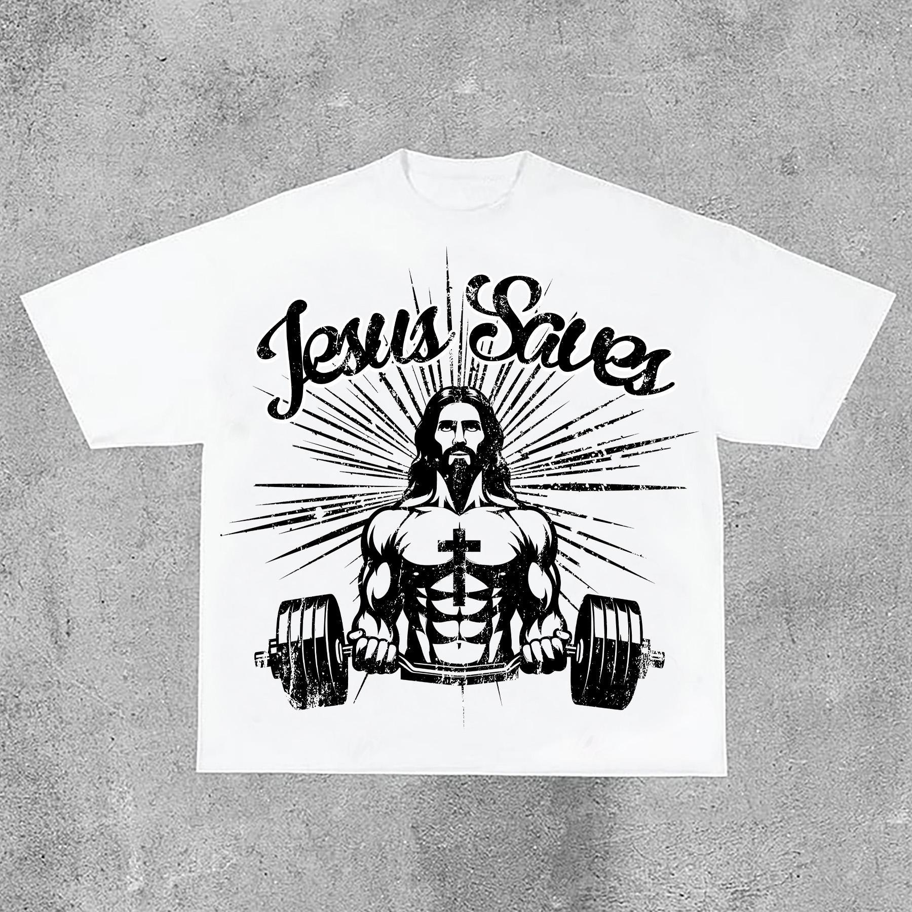 Jesus Saves Jesus Power Fitness Print Cotton T-Shirt Product Image