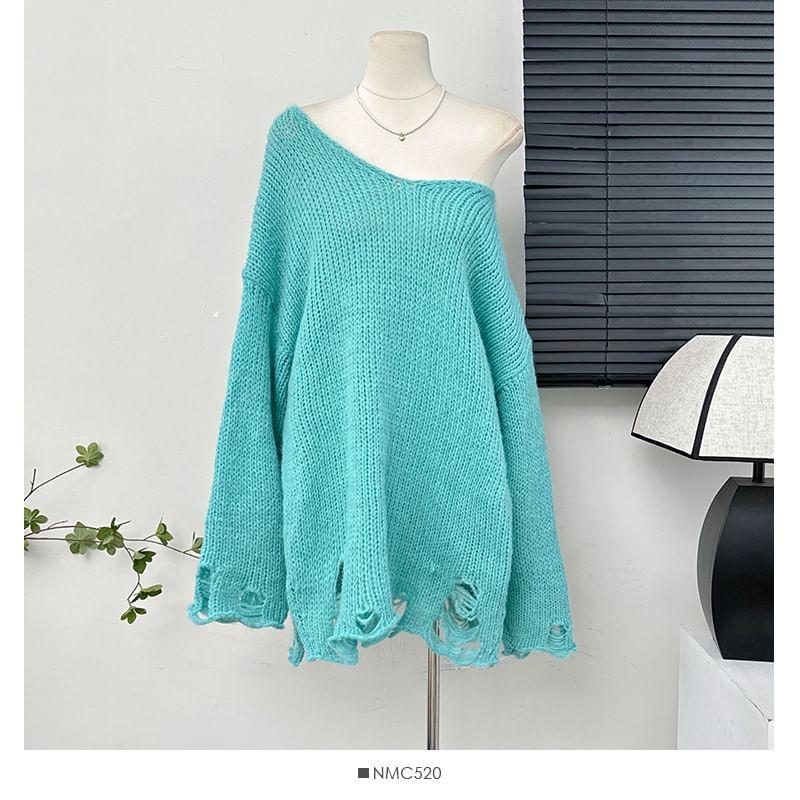 Oversized Distressed V-Neck Sweater in 6 Colors Product Image