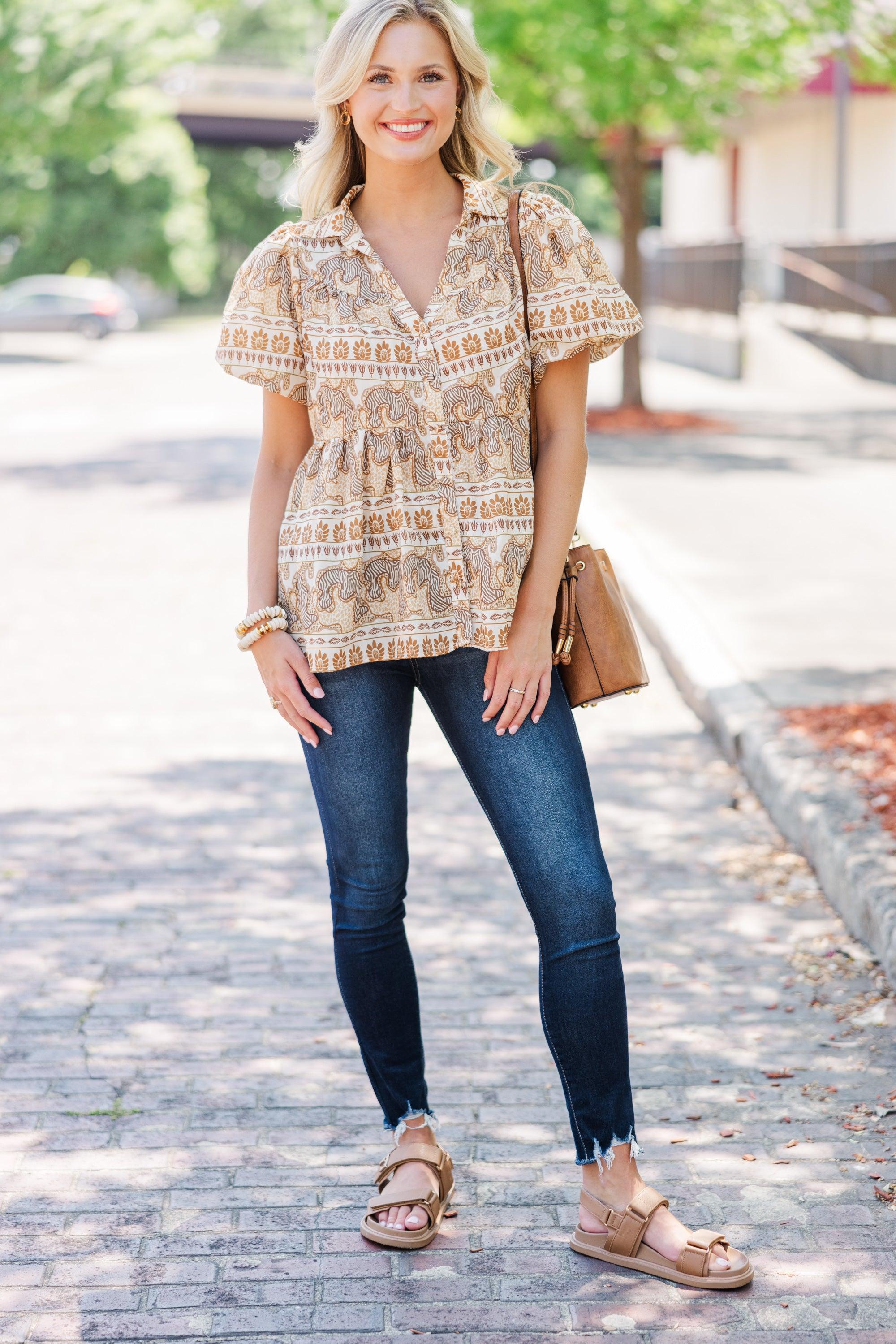 In This Place Taupe Brown Printed Blouse Female Product Image