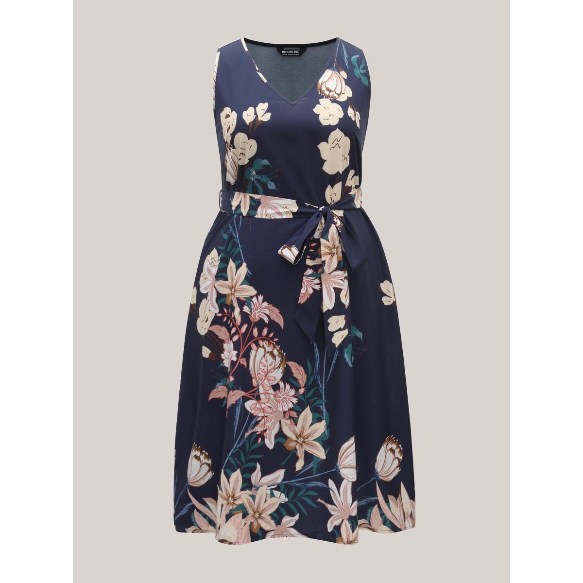 Plus Size Floral Print V Neck Pockets Midi Dress DarkBlue Women Elegant Belted V-neck Sleeveless Curvy BloomChic 30/6X Product Image