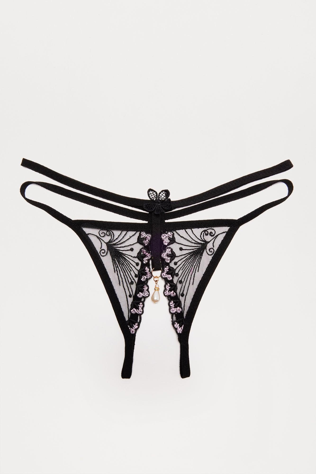 Halie Lace Crotchless Thong Panty - Black Product Image