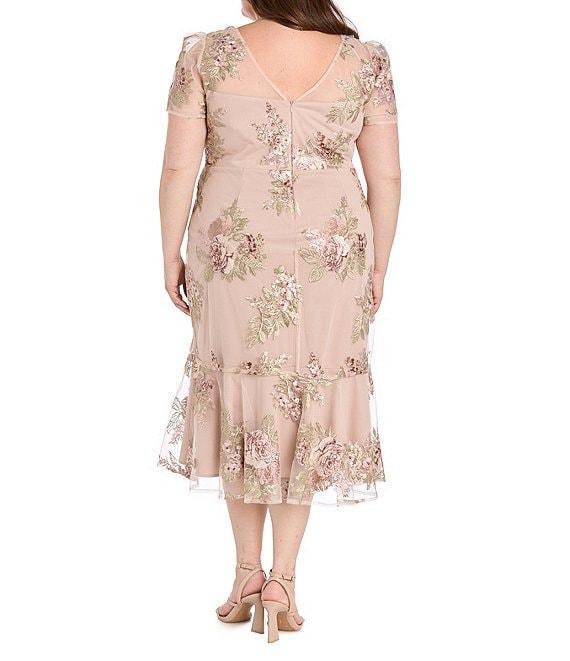 R & M Richards Plus Size Embroidered Floral Crew Neck Short Sleeve Flounce Hem Midi Dress Product Image