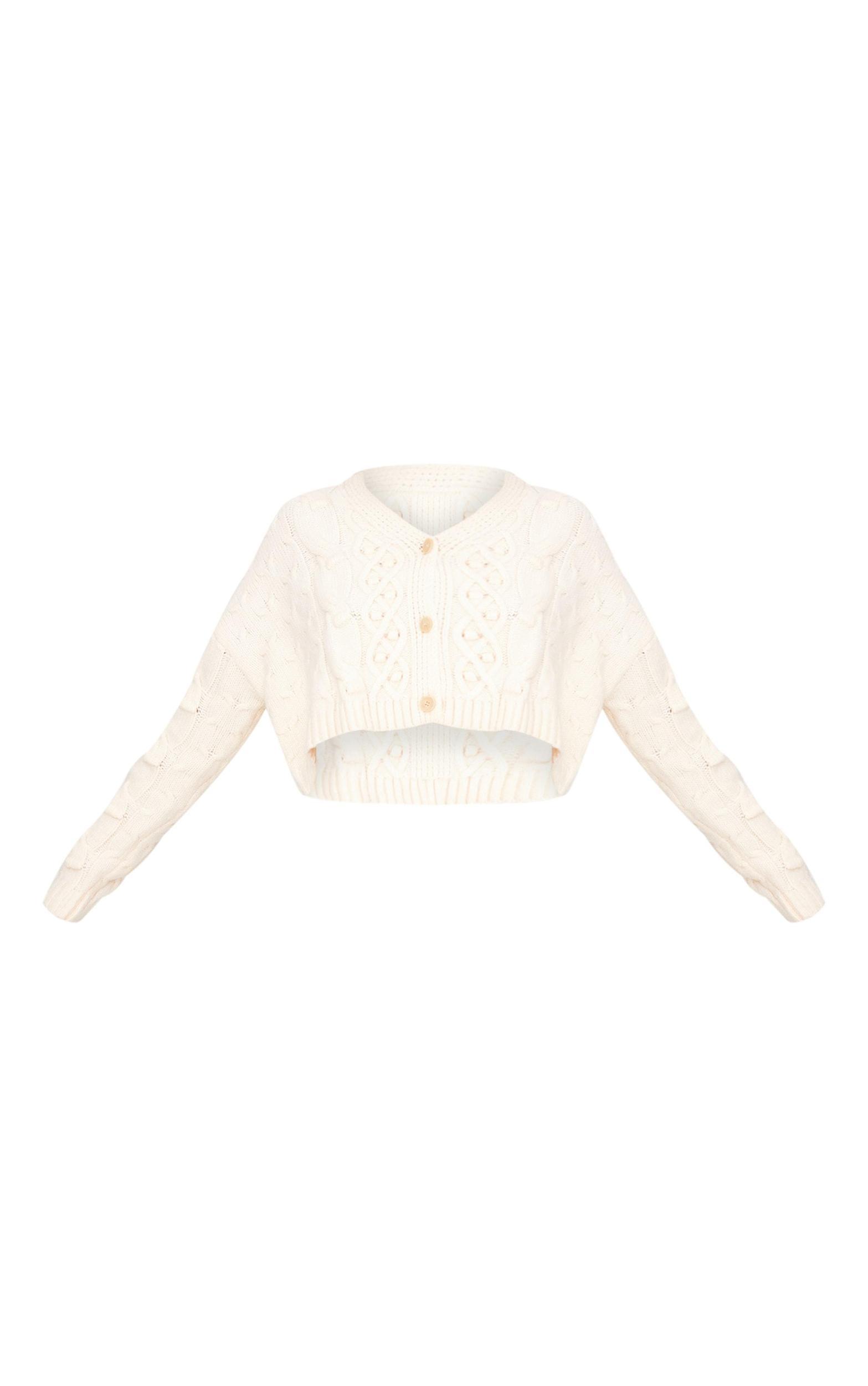 Cream Textured Cable Knit Cropped Cardigan Product Image