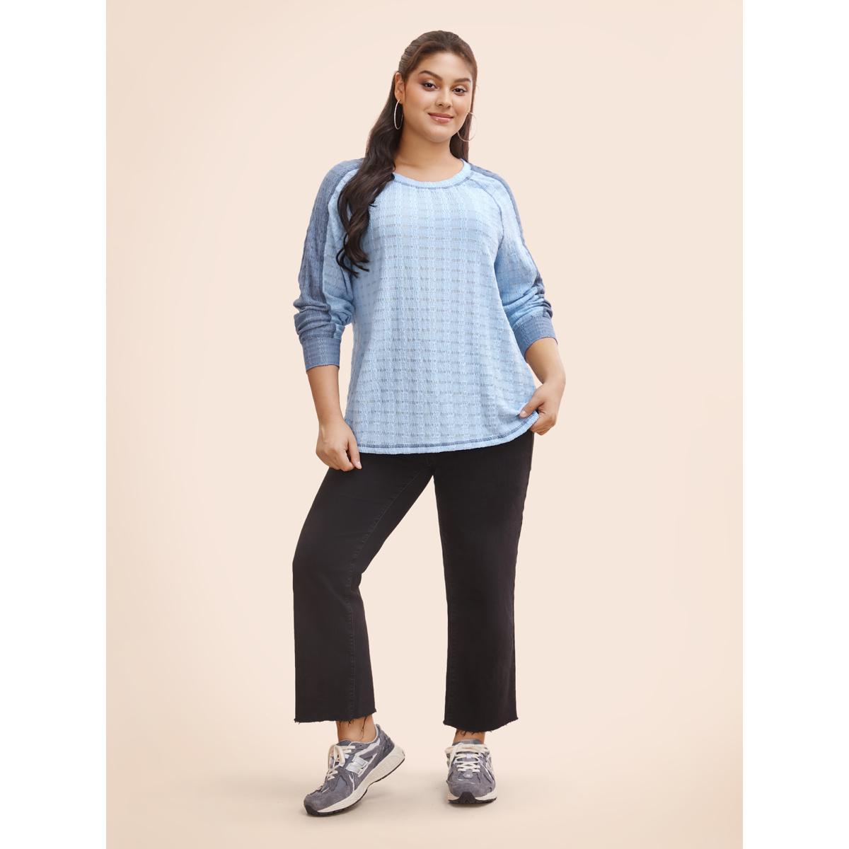 Plus Size Contrast Patchwork Texture Raglan Sleeve T-shirt LightBlue Women Casual Texture Round Neck Everyday T-shirts BloomChic 30/6X Product Image