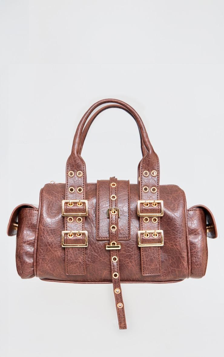 Brown Distressed PU Buckle Bowling Bag Product Image