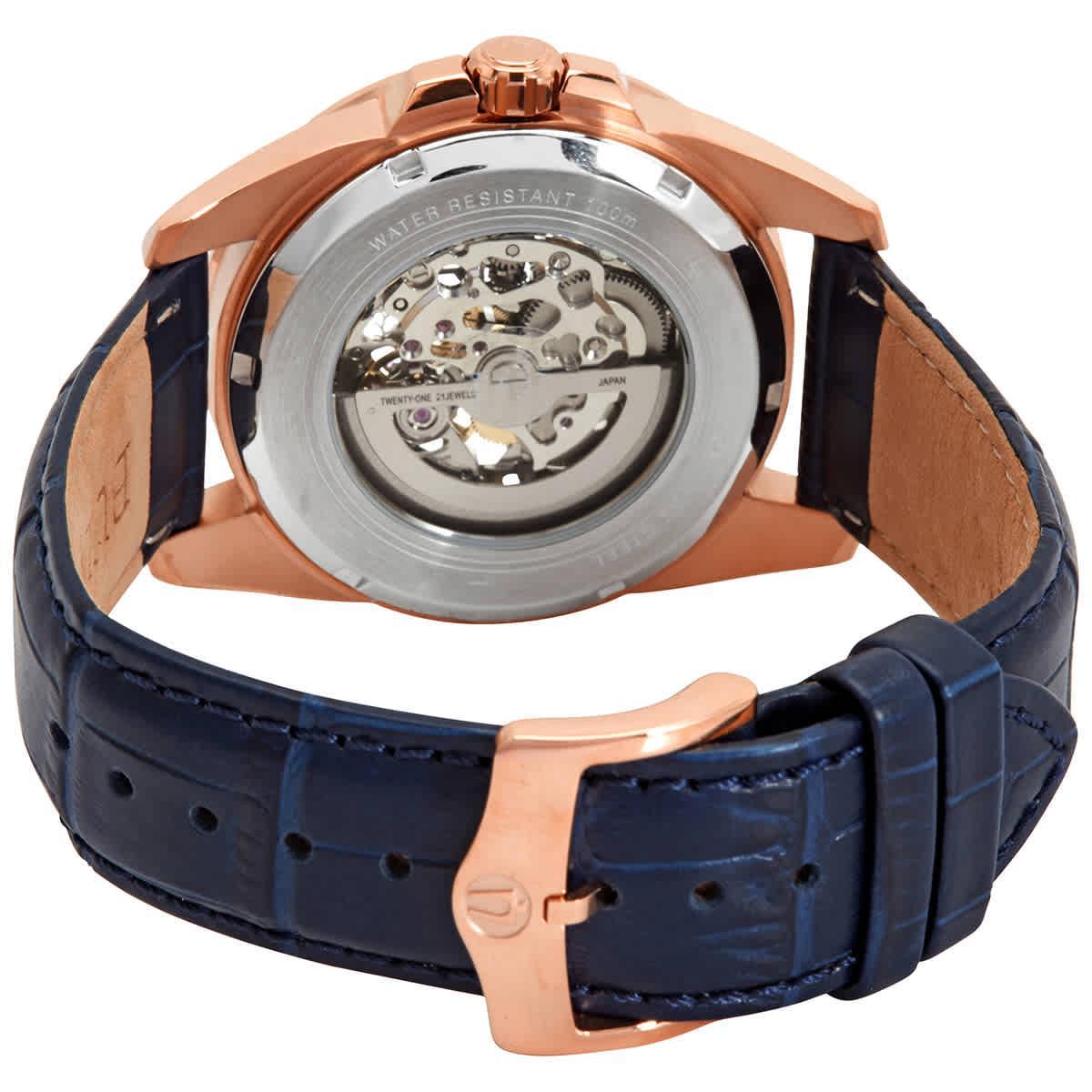 Mens Bulova Blue Leather Strap Automatic Skeleton Watch - 97A161 Product Image