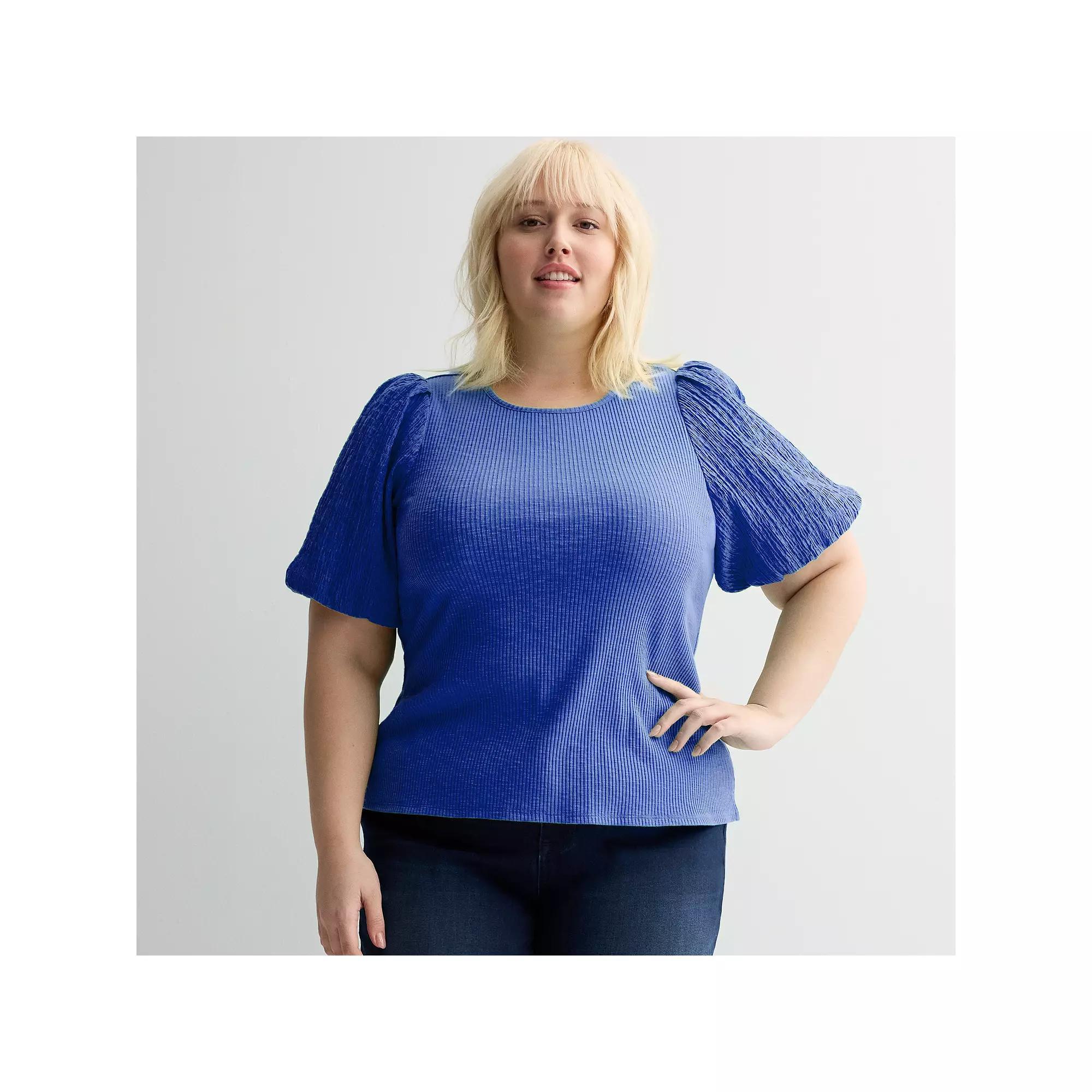 Plus Size Nine West Textured Puff Sleeve Ribbed Knit Top, Women's, Size: 0X, Wesley Purple Product Image