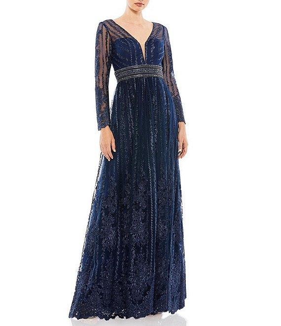 Mac Duggal Mesh Deep V-Neck Sheer Long Sleeve Beaded Belt Sequin Gown Product Image