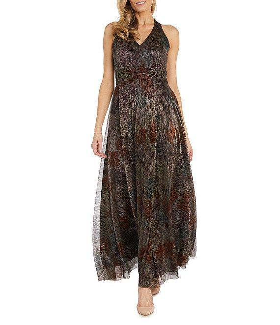 R & M Richards Halter Neck Sleeveless Metallic Crinkle A Line Gown Product Image