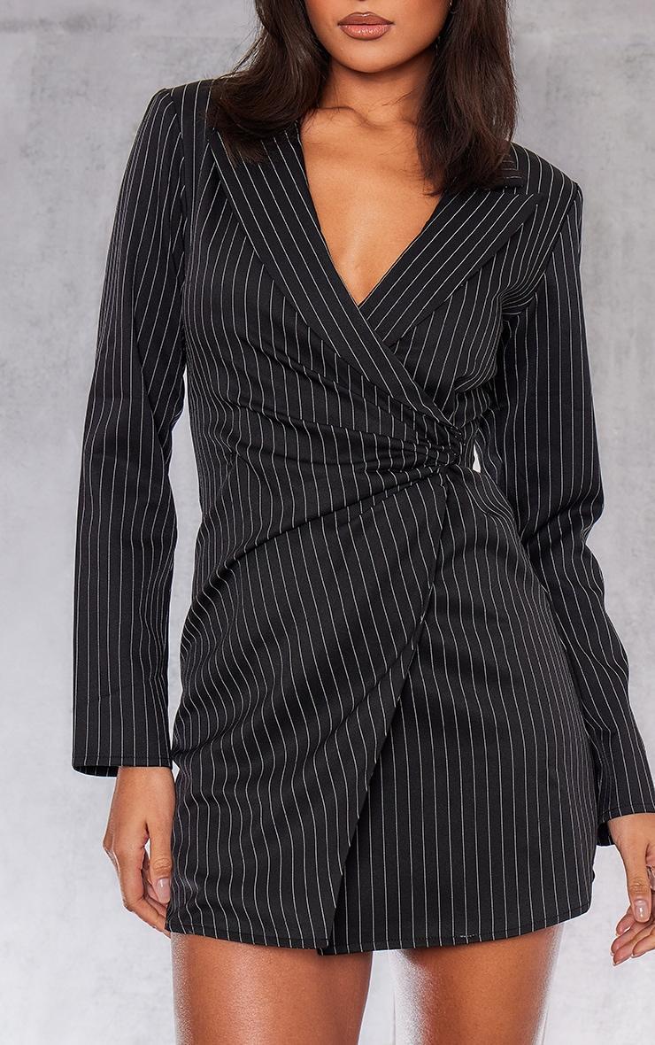 Black Woven Pinstripe Ruched Detail Blazer Dress Product Image