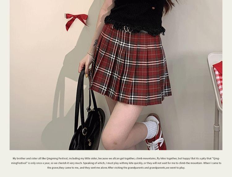 High Waist Plaid Mini Pleated Skirt with Belt Product Image