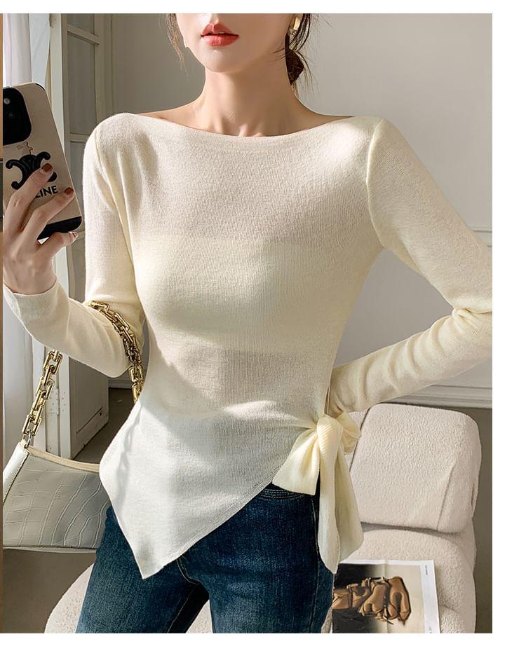 Long-Sleeve Boat Neck Plain Asymmetrical Tie Side Slim Fit Knit Top Product Image