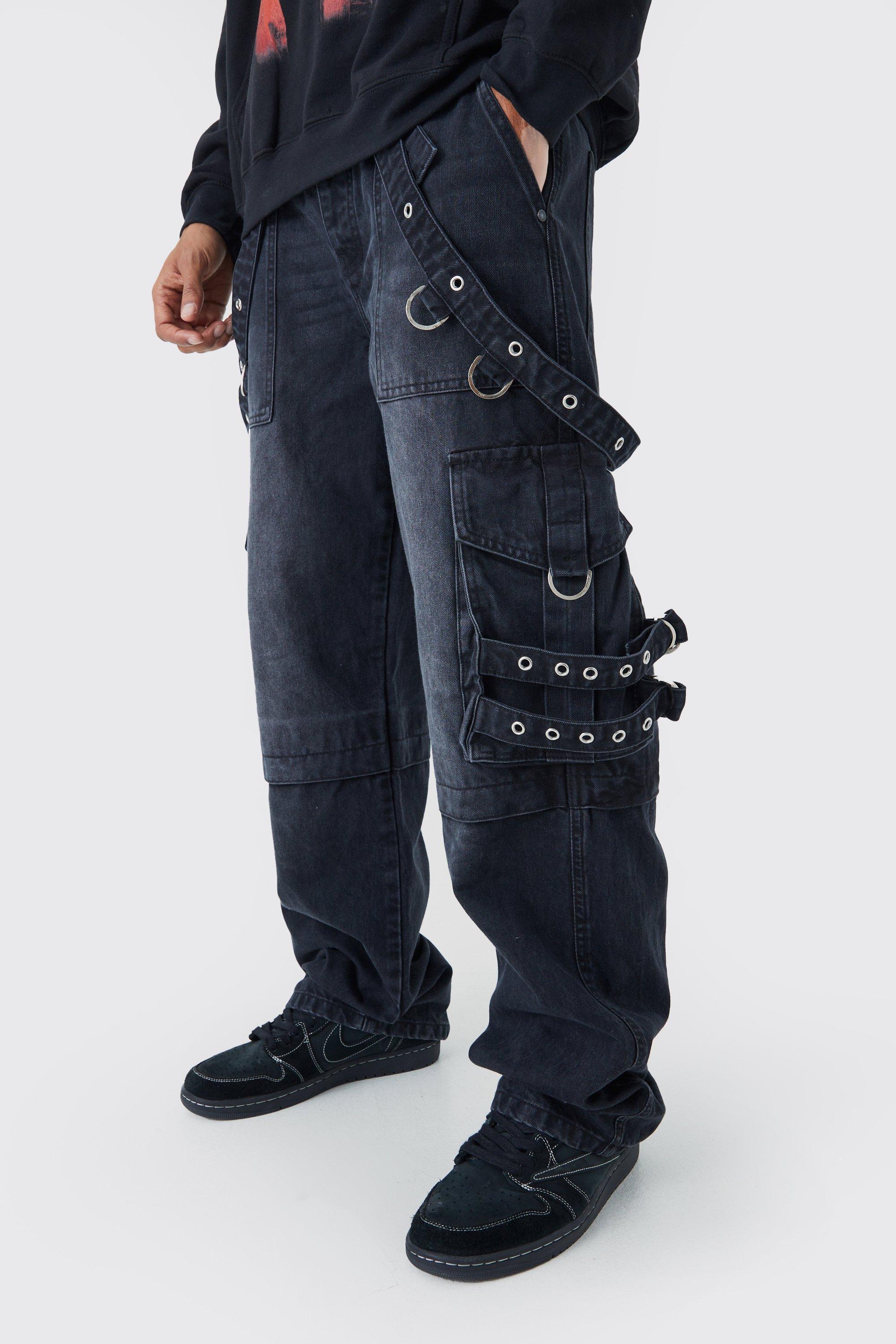 Baggy Rigid Cargo Strap Jeans In Washed Black | boohooMAN USA Product Image