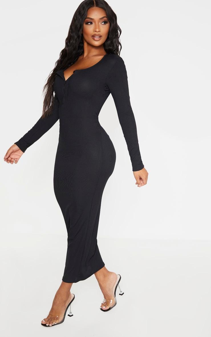 Shape Black Ribbed Button Front Long Sleeve Midaxi Dress Product Image