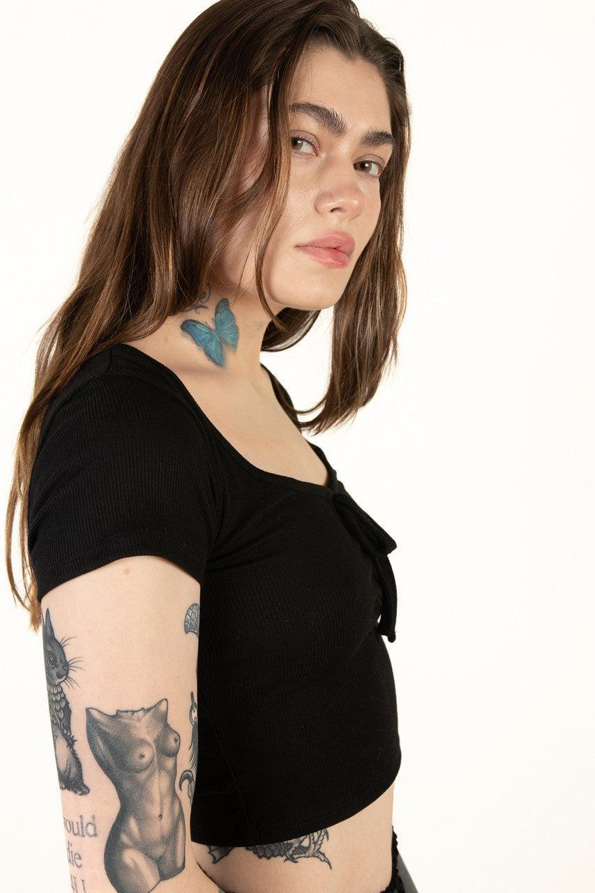 Black Tie Front Ribbed Tee Product Image