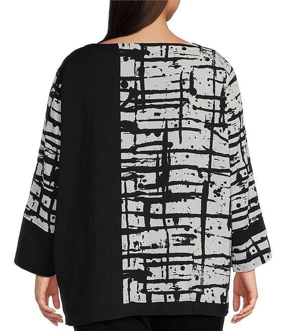 Ali Miles Plus Size Mixed-Media Abstract Printed Round Neck 3/4 Sleeve Top Product Image