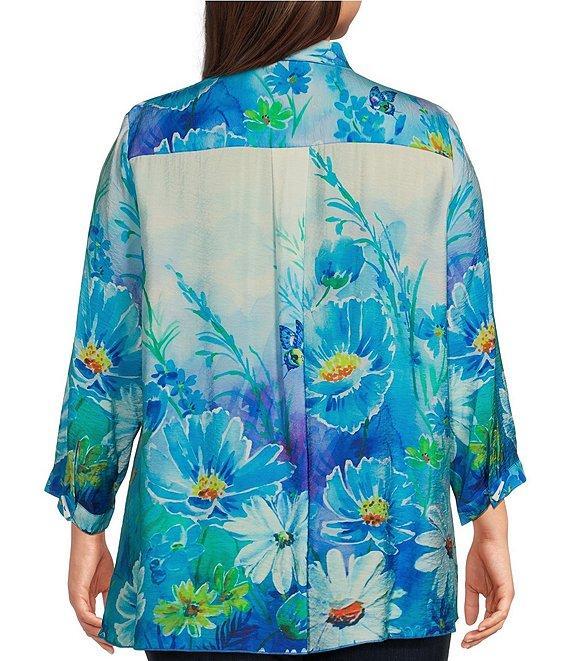 Ali Miles Plus Size Floral Butterfly Woven Printed Point Collar 3/4 Sleeve Button Front Tunic Product Image