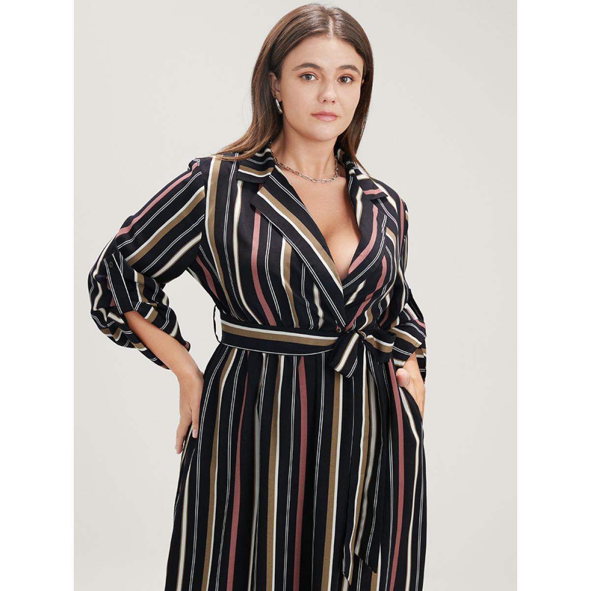 Plus Size Striped Lapel Collar Cuffed Sleeve Pocket Belted Arc Hem Dress DarkBlue Women Office Belted Lapel Collar Long Sleeve Curvy Midi Dress BloomChic 30/6X Product Image