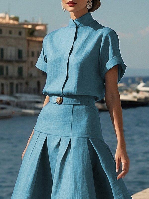 Loose Short Sleeves Solid Color Mock Neck Blouses&Shirts Tops Product Image