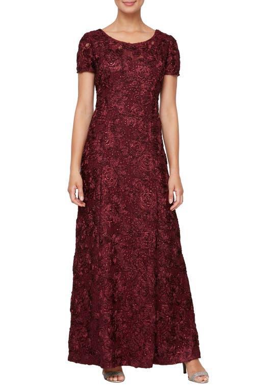 Alex Evenings Sequin Floral Lace Ribbon Rosette Round Neck Short Sleeve Gown Product Image