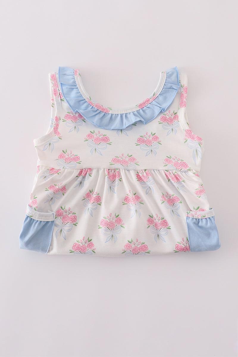 Blue floral bow print ruffle shorts set Product Image