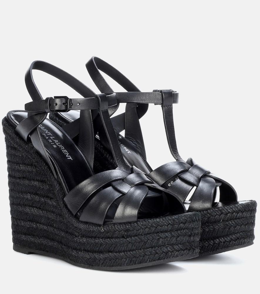 SAINT LAURENT Tribute Leather Wedge Espadrille Sandals In Black Product Image