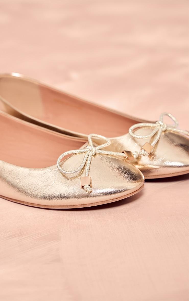 Gold Pu Round Toe Bow Detail Ballet Pumps Product Image