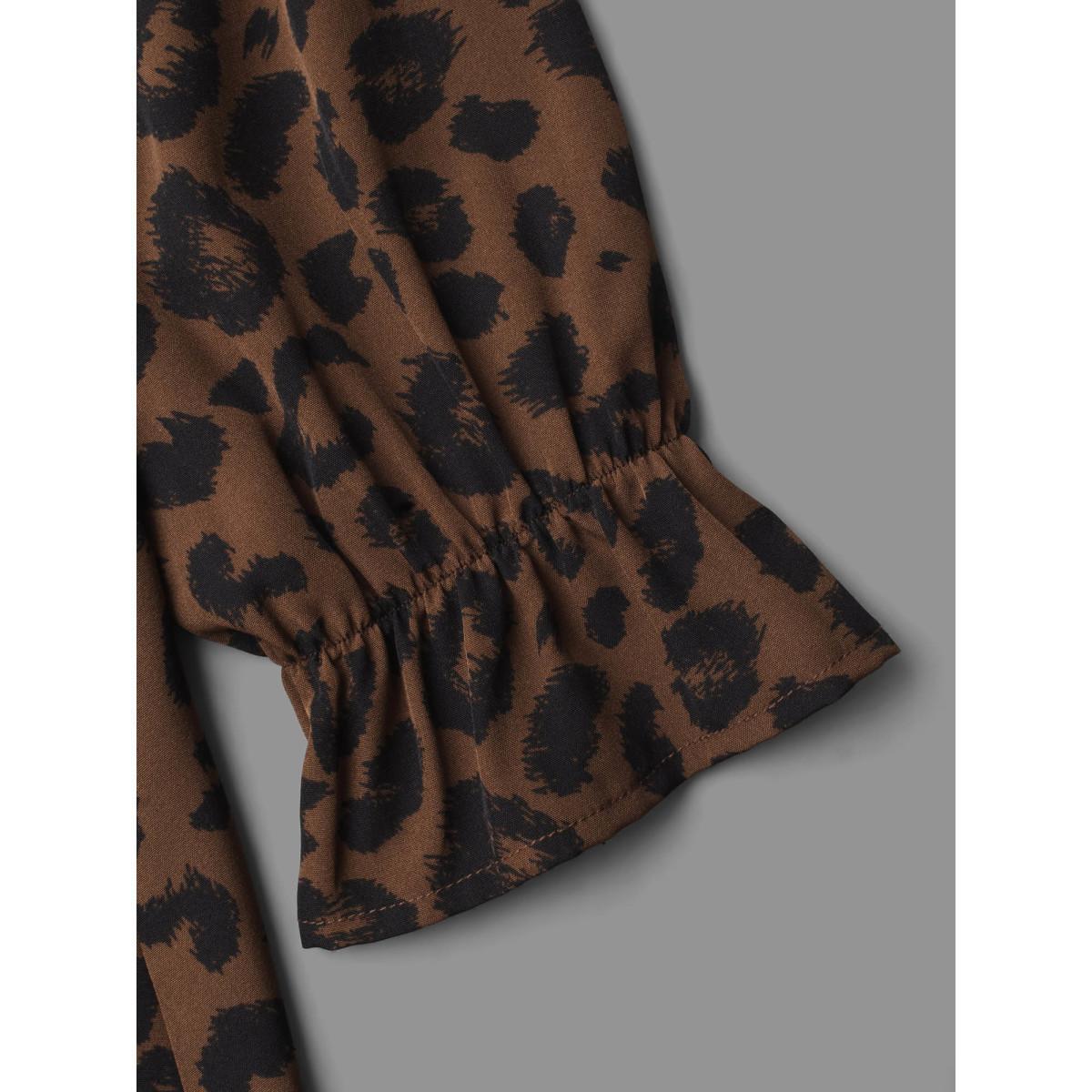 Plus Size Leopard Print Ruffles Mock Neck Elastic Waist Dress Browncoffeecolor Women Elegant Frill Trim Mock Neck Long Sleeve Curvy BloomChic 28/5X Product Image