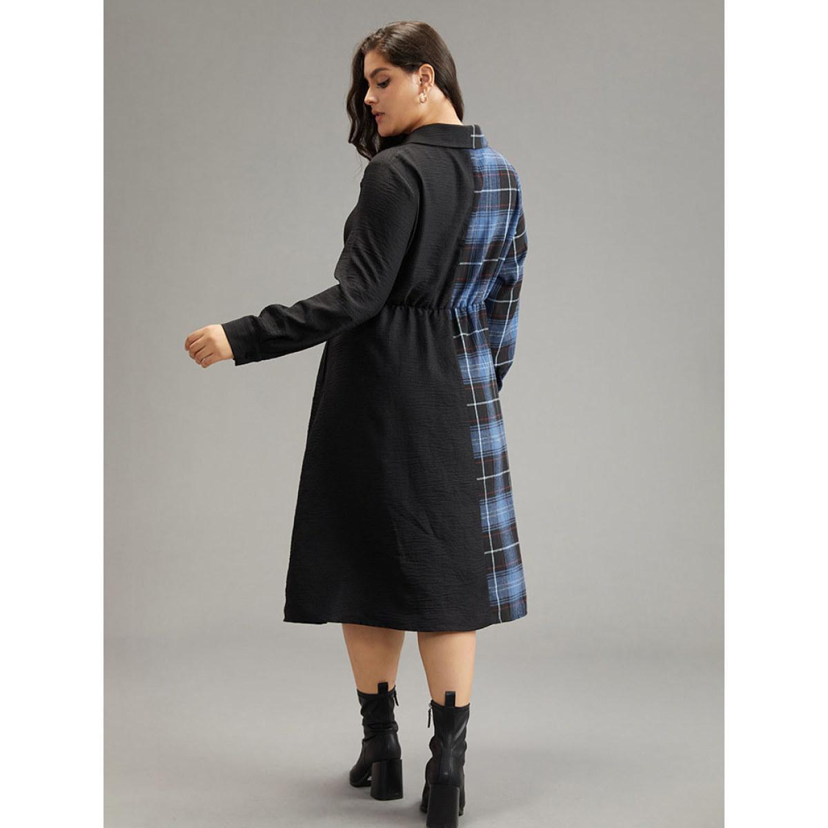 Plus Size Plaid Patchwork Button Through Pocket Dress Multicolor Women Office Contrast Shirt collar Long Sleeve Curvy Midi Dress BloomChic 22-24/3X Product Image